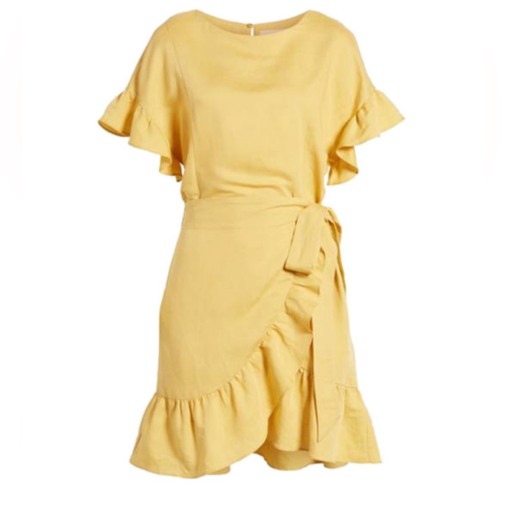 ASTR the label|Mini Ruffle Wrap Dress|Linen Blend|Mustard Yellow|SZ S - Picture 1 of 7